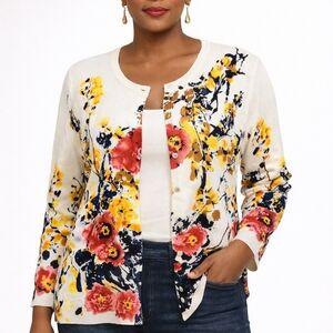 Susan Graver Floral Cardigan - Red, Yellow, Blue
